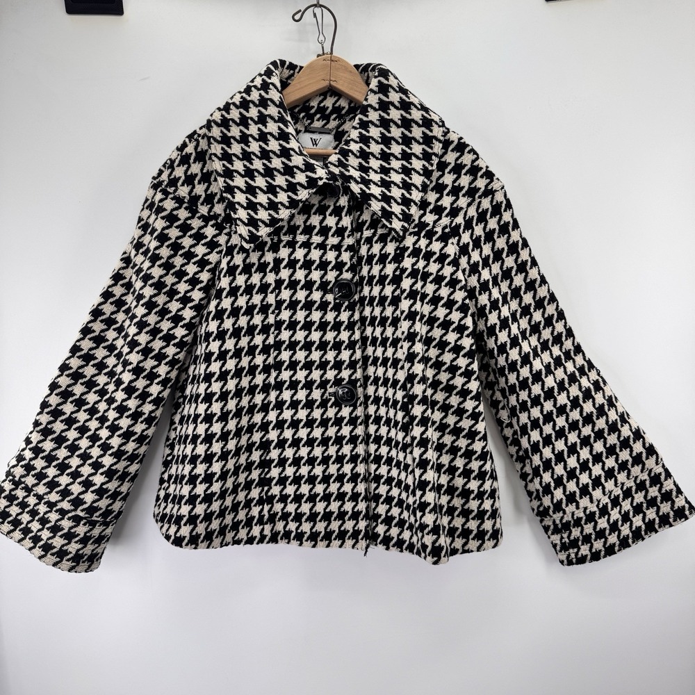 Vintage Worthington Houndstooth Swing Coat Sz S Y2K Kimono Sleeve Wide Lapel